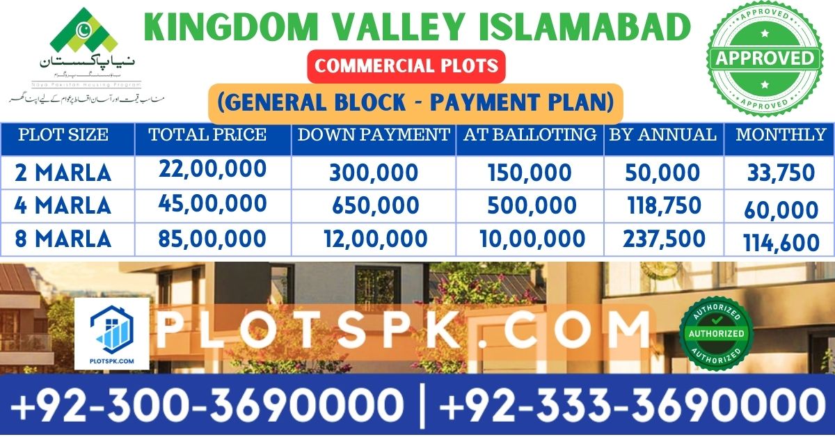 Kingdom Valley general Block commercial plots payment plan